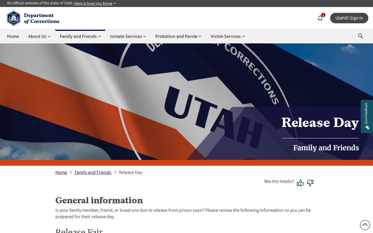 Tooele County state projected release date and UDC Release Day instructions